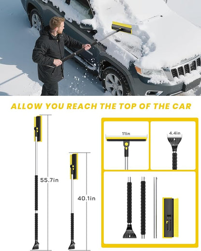 helloleiboo 2025 Extra Long 55.7" Ice Scrapers for Car Windshield Multi-Functional Detachable Car Ice Scraper with Foam Grip and 270° Pivoting Brush Head Snow Brush for SUV Truck Auto(Yellow)