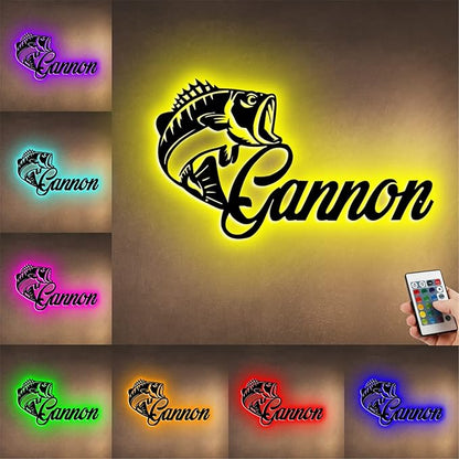 Personalized Name Fishing Sign Light - Custom Bass Wall Art for Fish Cabin, Lake House - Fishing Lover Gifts for Father's Day, Valentine's Day, Birthday (Name Night Light)
