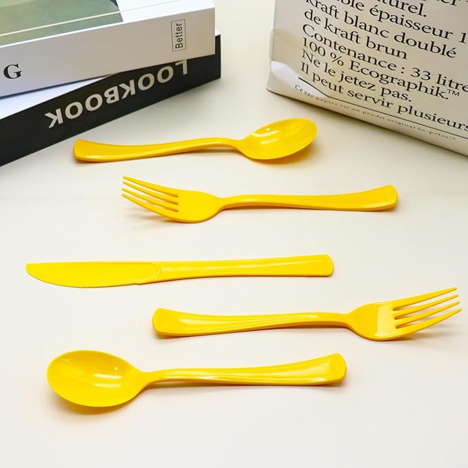 150 Pack Yellow Plastic Silverware, Yellow Utensils Include 50 Plastic Forks 50 Spoons 50 Knives for Birthday Party, Wedding, Picnic