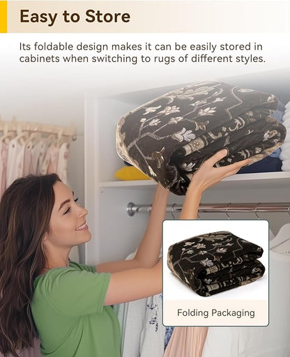 Area Rugs 6'x9' Washable Non-Slip, Floral Vintage Distress Print Pattern Medallion Carpet for Living Room Bedroom Dining Room, Black Brown Neutral Dark Tan