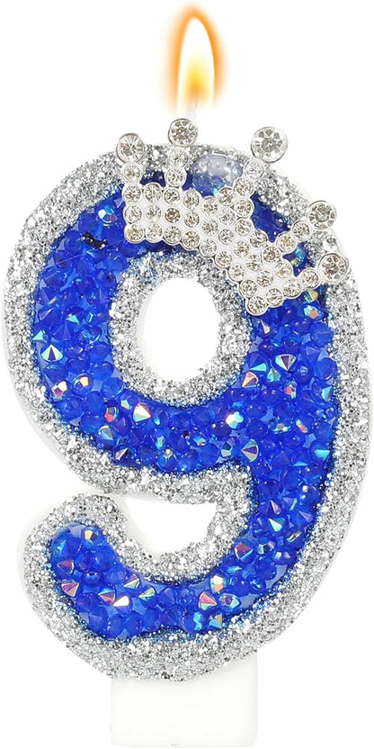 Blue Birthday Candle Crown Number 9 Candle with Sequins Cake Candles Cupcake Decorations Party Decor for Anniversary Celebrations Supplies