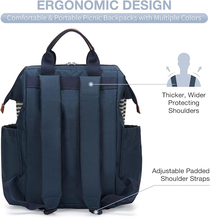 HappyPicnic Picnic Backpack Bag for 4, Wide Open with Large Capacity Insulated Cooler Compartment,9" Plates,Wooden Handle Cutlery and Waterproof Blanket Best Gift - Navy Blue