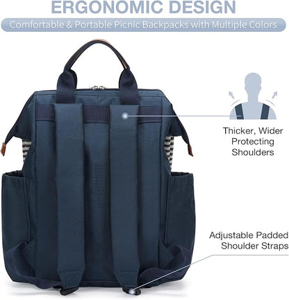 HappyPicnic Picnic Backpack Bag for 4, Wide Open with Large Capacity Insulated Cooler Compartment,9" Plates,Wooden Handle Cutlery and Waterproof Blanket Best Gift - Navy Blue