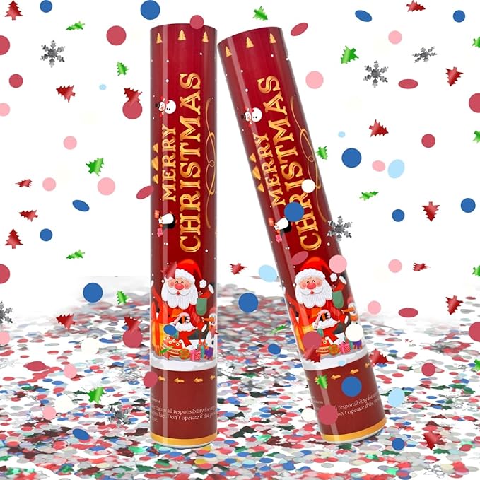 Confetti Cannon Christmas Multicolor Party Poppers 2 Pack Confetti Popper 12 Inch Xmas Confetti Shooters Colorful Confetti Cannons Bulk for Christmas New Year Eve Festival Holiday Celebrations
