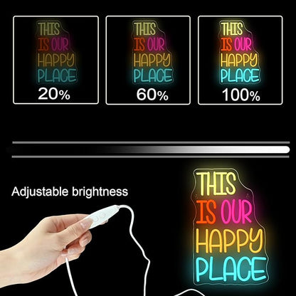 NOSUN This is Our Happy Place Neon Sign for Wall Decor Colorful Letter Neon Light Cheerful LED Neon Signs with USB for Gym Classroom Bedroom Children's Playground Bar
