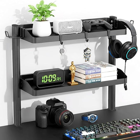 Clamp on Desk Shelf, 2-Tier Office Desk Shelves Organizer, 17in Small Shelf for Top of Desk with Headphone Holder and Hooks, Desktop Storage Rack for Home Workspace, Study Rooms, Gaming Accessories