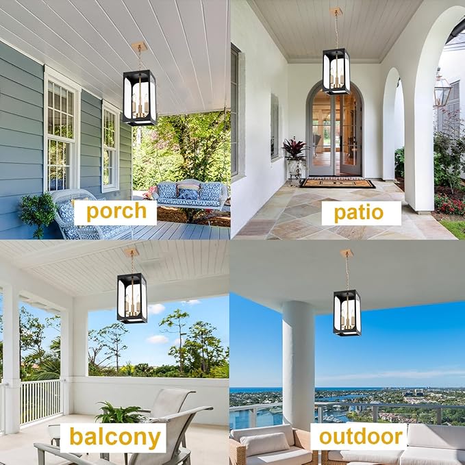 BONLICHT Black Outdoor Pendant Light Fixture 3 Light Modern Outdoor Chandelier with Clear Glass,Brushed Brass Outside Porch Lights Ceiling Hanging Exterior Pendant Lighting Fixture for Gazebo Foyer