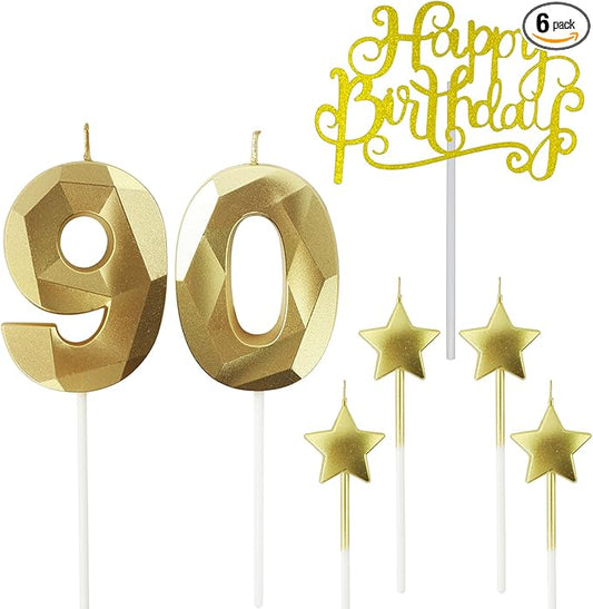 Golden Number 90 Birthday Candles and Star Birthday Candles 2.76 inch Birthday Cake Candles 3D Diamond Shaped Candles are Suitable for Birthday Parties and Anniversary Cake Decorations Candles