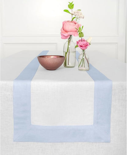 Solino Home Linen Table Runner 60 Inches - 100% Pure Linen Light Blue and White Table Runner 14 x 60 Inch Ideal for Dresser and Coffee Tables, Christmas, New Year - Contempo
