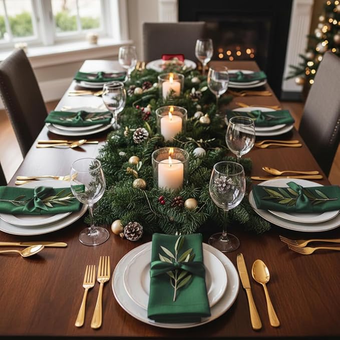 D'Moksha Homes Forest Green Linen Napkins 18 x 18 Inch - 100% Pure Linen Cloth Washable Dinner Napkins Set of 8 for Winter, Christmas, Holiday