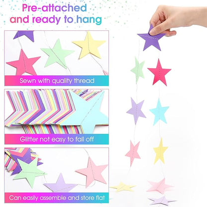 Patelai Glitter Star Garland Banner Christmas Decor 130 Feet Star Hanging Bunting Banner Twinkle Backdrop for Homecoming Classroom Wedding Birthday Halloween Party Supplies(Macaron Color)