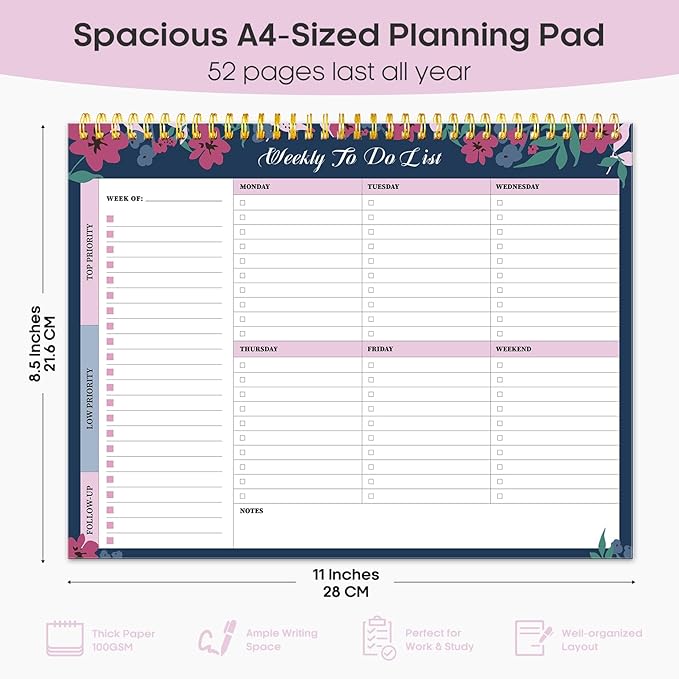Taja Weekly To Do List Notepad with 52 Undated Sheets（8.5"×11"）- Weekly Desk Planner for Women & Man, Work and Home - 1 Pack Twilight Petals
