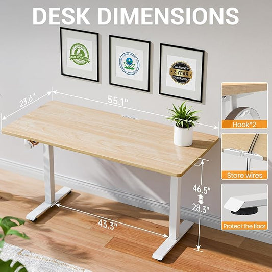 Veken 55 Inch Large Electric Standing Desk, 4 Memory Heights Adjustable,Sit to Stand Up, Work Home Office Computer Table for Study, Walking Pad, Writing, and Games, Wooden Desktop Desks, Nature Wood