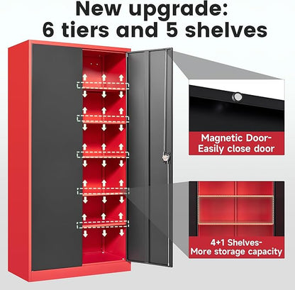 Letaya Metal Storage Cabinets with Lock, 71" Tall Locker Organizer Steel Cabinets, Adjustable Shelves 2 Doors for Home, Office, Warehouse,Garage,Industrial,Employee Lockers (Style B, Black Red)