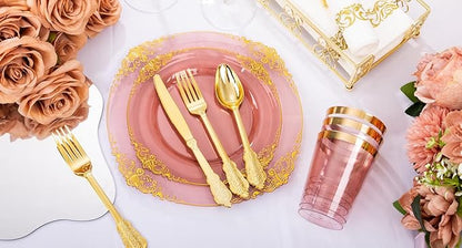 Hioasis 175pcs Burgundy and Gold Plastic Plates - Elegant Disposable Dinnerware Set Suitable for 25 Guests Include 10.25" Dinner & 7.5" Dessert Plates, Cutlery, Napkins, Cups for Party