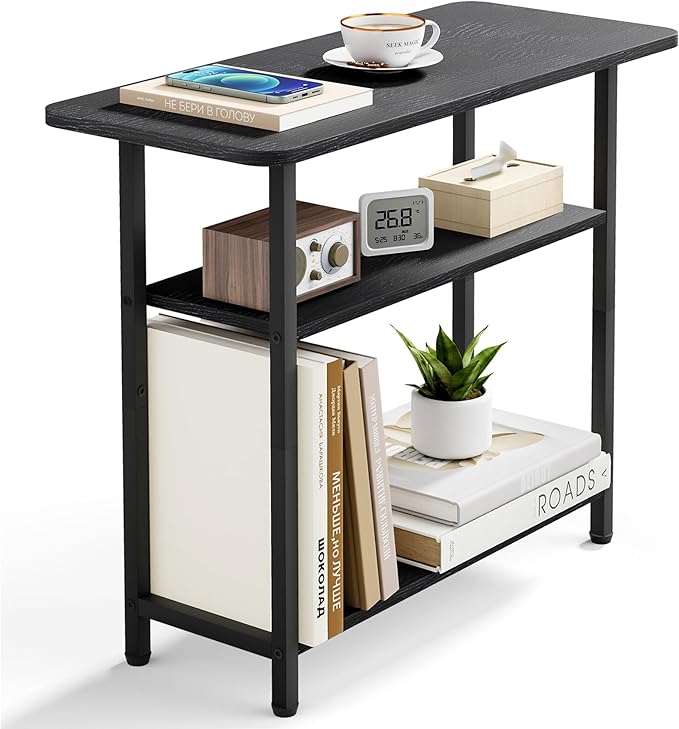 SLEEPING LAMB Side Table for Living Room, 3-Tier End Table for Small Space with Wide Storage Tabletop, Classic Black Narrow Nightstand for Bedroom, Sofa Couch