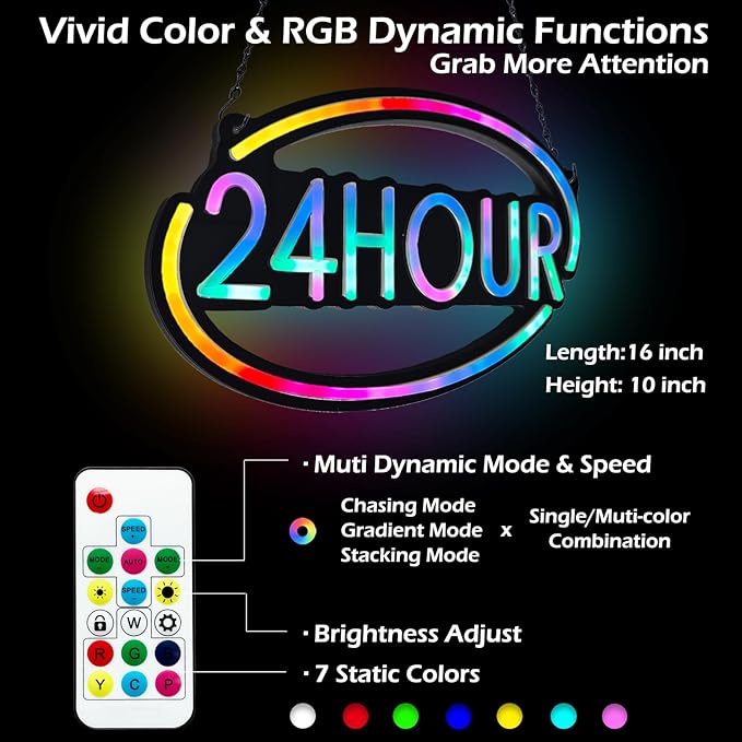 24 Hour Open Sign for Business,16x10 inch Open Signs Led RGB for Window Wall Door Open Closed Sign Resturant Bar Salon Store