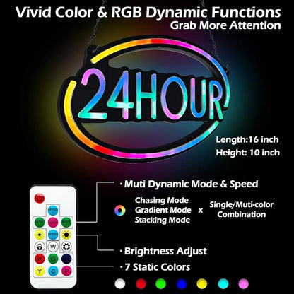 24 Hour Open Sign for Business,16x10 inch Open Signs Led RGB for Window Wall Door Open Closed Sign Resturant Bar Salon Store