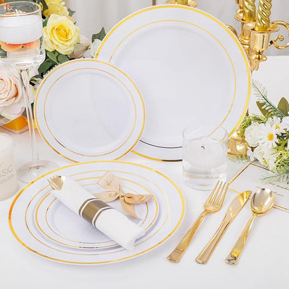 DaYammi 210PCS Gold Plastic Dinnerware Set Christmas Plates Disposable Disposable Plates for Party, Include: 30 Dinner Plates, 30 Dessert Plates, 30 Pre Rolled Napkins with Gold Silverware, 30 Cups