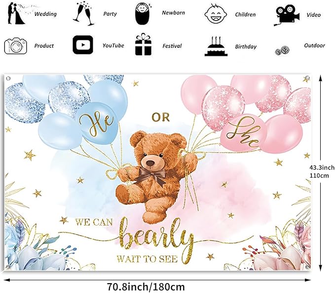 6x3.6ft Gender Reveal Backdrop Baby Bear Boy or Girl Photography Background Baby Shower Party Blue and Pink Banner Decorations Supplies Photo Booth Props