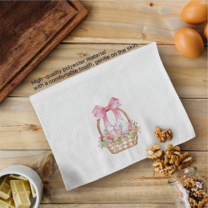 Coquette Pink Bow Easter Kitchen Towels Set of 2, Easter Eggs Decor Hand Towels, PinkEaster Dish Towels Dishcloths Tea Towels for Kitchen, EasterKitchen Bathroom Decor, 16x24 Inch