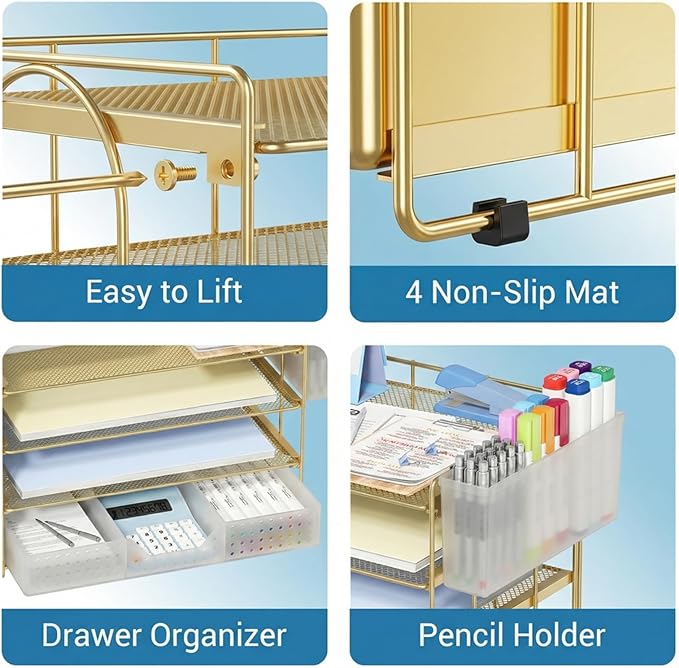 Desk Organizer, 4-Tier Paper Organizer Letter Tray with File Holder, Drawer and 2 Pen Holders, Desktop File Organizer for Office Supplies, Workspace Storage, Gold