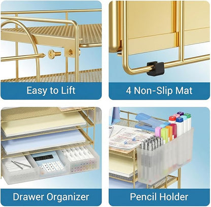Desk Organizer, 4-Tier Paper Organizer Letter Tray with File Holder, Drawer and 2 Pen Holders, Desktop File Organizer for Office Supplies, Workspace Storage, Gold