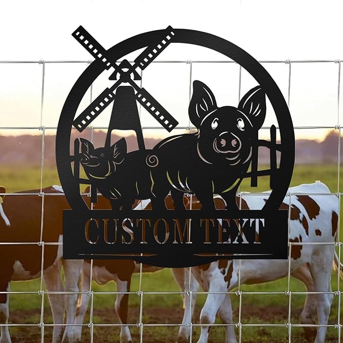 Custom Sign with Pig & Windmill - Custom Metal Sign, Pig Farm Sign, Rustic Pig Pens Farmhouse Decor Outdoor Decor, Gift for Mother's Day, Mom, Farmers, Grandma, Animal Lovers, Garden or Barn Decor