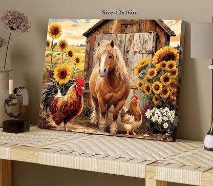 Rustic Farmhouse Horse Wall Art,Vintage Horse Sunflower Canvas Wall Art,Brown Rooster Animals Pictures Wall Decor Framed Artwork for Bedroom Living Room Kitchen Bathroom 12"x16"