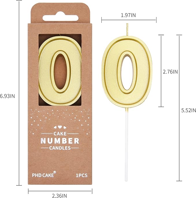 PHD CAKE 2.76 Inch Luxe Gold 0 Number Birthday Candles, Gold Number Candle, Cake Number Candles, Party Celebration