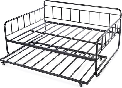 Amazon Basics Full Size Daybed and Twin Size Trundle Bed Frame Set, Space Saving Steel Slat Support, Sturdy Metal Design, Easy Assembly, Black