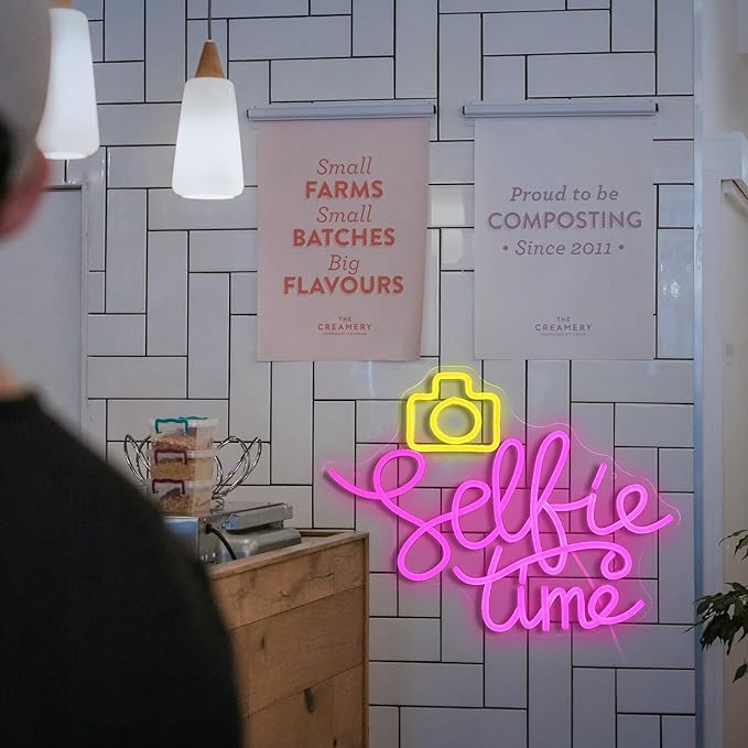 Selfie Time Neon Sign LED Yellow Camera Pink Neon Light For Wall Decor Dimmable USB Powered Light Up Sign for Photographic Studio Bedroom Photography Lover Room Party Gifts (16.7 * 12.8In)