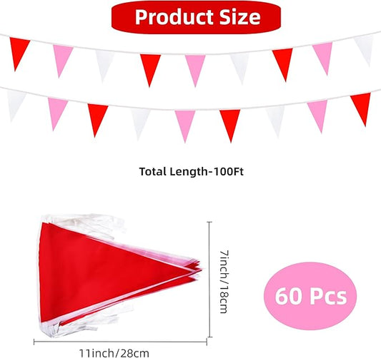 100 Feet 60 Pcs Red White and Pink Pennant Banner Flag String Hanging Triangle DIY Flag, Bunting Streamers Decoration for Grand Opening, Birthday, Wedding Celebration(Red White & Pink)