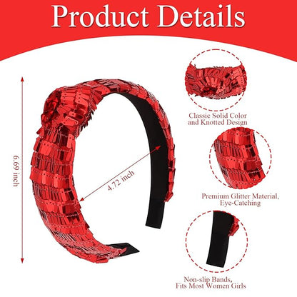 Red Headbands for Women Sequins Knotted Headband Top Knot Hair Band Non-slip Head Band Soft Fashion Christmas Accessories for Women Girls
