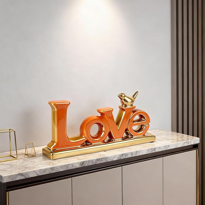 Love Sign Decoration,White and Gold Love Signs for Home Decor Statue,Modern Bird Sculpture Personalized Love Decor,Gold Style Figurine Decorative Ornaments for Living Room,Bedroom,Desktop (Orange)