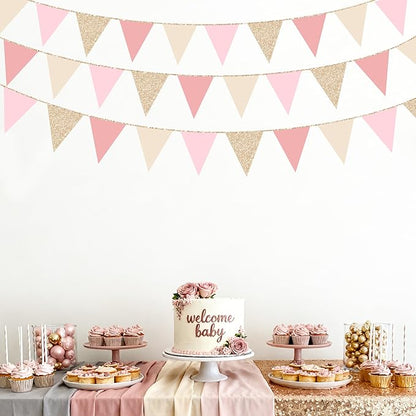 Champagne Gold Dusty Rose Pink Beige Party Pennant Banner Flag Hanging Glitter Paper Triangle Bunting for Women Girls Birthday Baby Shower Wedding Bridal Shower Holiday Party Decorations Supplies