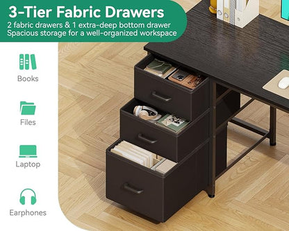 AODK 51 Inch Computer Desk with Fabric Drawers & USB Power Outlets, Reversible Home Office Desk with Storage Shelves, Work from Home, Modern Work/Writing/Study Table for Bedroom, Black