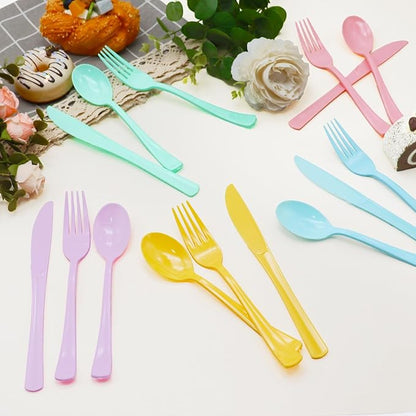 300 PCS Pastel Plastic Silverware, Iridescent Utensils Plastic Silverware, 5 Macaron Colors Pastel Party Supplies Includes 100 Forks 100 Knives 100 Spoons for Birthday, Garden Party, Wedding
