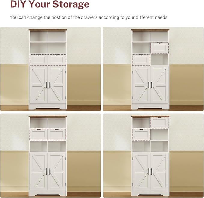 TEENFON Storage Cabinet with Doors & 2 Drawers, Kitchen Cabinet with Adjustable Shelf, Pantry Cabinets, Bathroom Cabinets, for Living Room, Entryway, Home Office, White