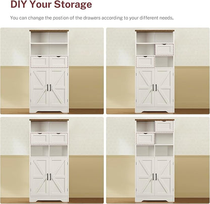 TEENFON Storage Cabinet with Doors & 2 Drawers, Kitchen Cabinet with Adjustable Shelf, Pantry Cabinets, Bathroom Cabinets, for Living Room, Entryway, Home Office, White