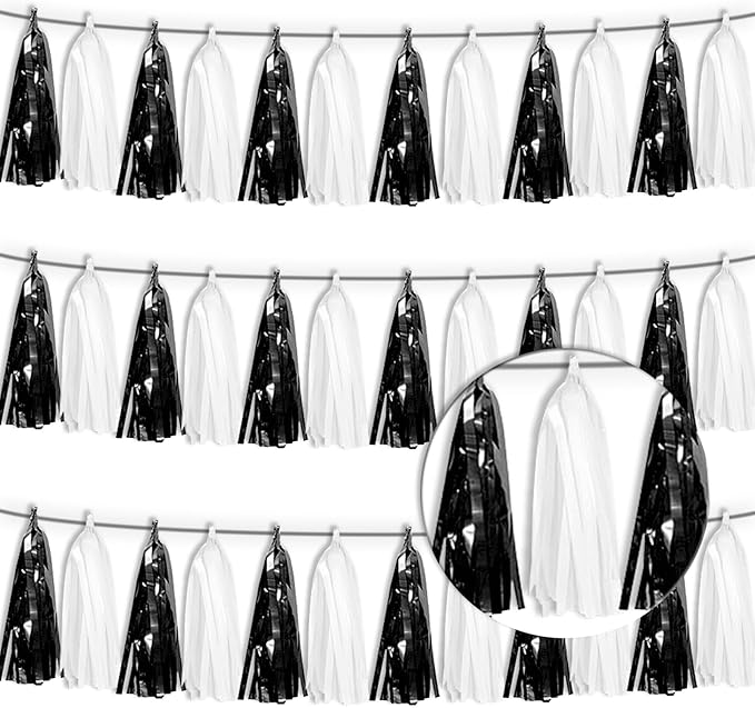 3P Black White Tassel Banner Garland Metallic Foil Fringe Banner Tinsel Tassels Streamer Banner Backdrop for Parade Floats Graduation, Halloween, Christmas, Father's Day Party Decorations