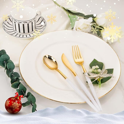 I00000 60 Pcs Gold Plastic Silverware - Heavy Duty Plastic Cutlery -Party Disposable Silverware Set，Disposable Cutlery Set Includes 20 Forks, 20 Knives, 20 Spoons Perfect for Wedding