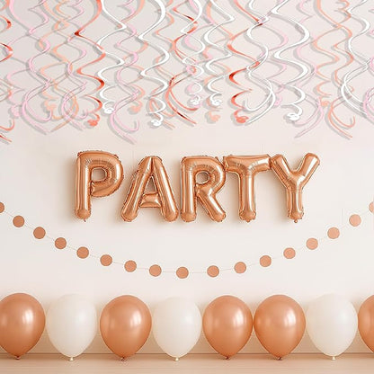 Pink Hanging Swirl Decorations for Party – 42PCS Rose Gold Foil Ceiling Streamers with Hooks for Birthday, Bridal Shower, Bachelorette, Holiday Celebrations