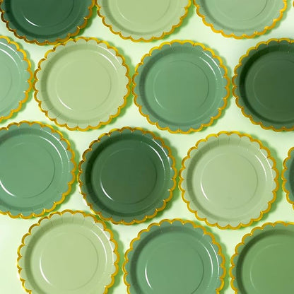 Green mix scalloped party plates with napkins and fork gold foil border, 24 Guest disposable Tableware Set Sage Green Party Decoration for Birthday Coquette Bridal Baby Shower Valentines