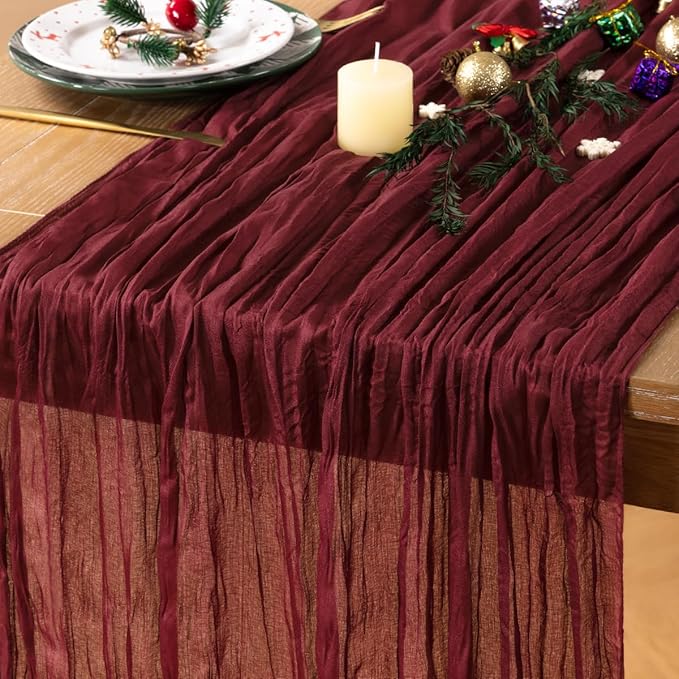 Burgundy Red Cheesecloth Table Runner Christmas Red Table Runner Boho Gauze 120 Inches Cheese Cloth Table Decor for Xmas Holiday Season Parties Weddings Candlelight Dinner