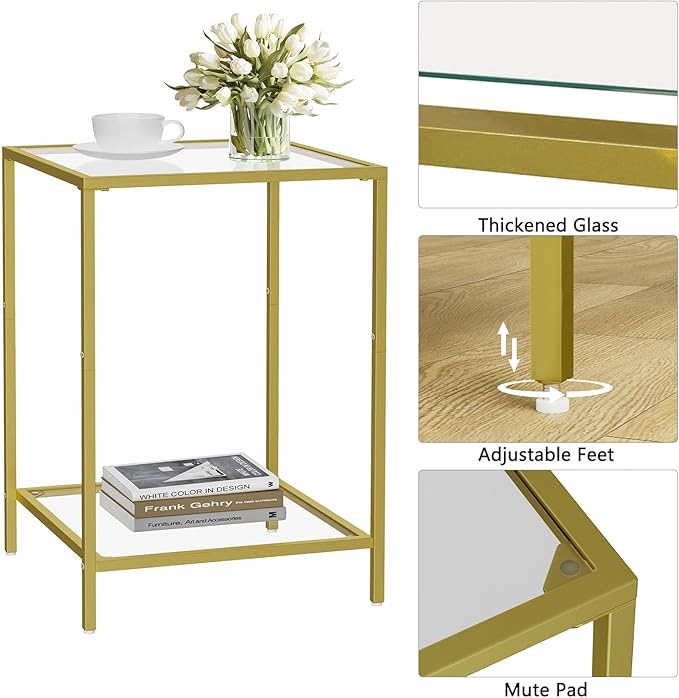 Side Tables Set of 2, End Table with Tempered Glass, 2-Tier Nightstands with Storage Shelves, Coffee Table with Modern Style, Square Sofa Table for Living Room, Bedroom, 15.7"D x 15.7"W, Gold
