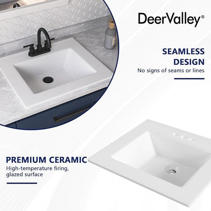 DeerValley 21x18 Inch Rectangular Fireclay Drop-in Bathroom Sink, White Vessel Sink with Overflow, Modern Art Basin, DV-1DS0123