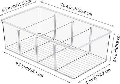 Vtopmart 6 Pack Food Storage Organizer Bins, Clear Plastic Bins for Pantry, Kitchen, Fridge, Cabinet Organization and Storage, 4 Compartment Holder Packets, Snacks, Pouches, Spice Packets