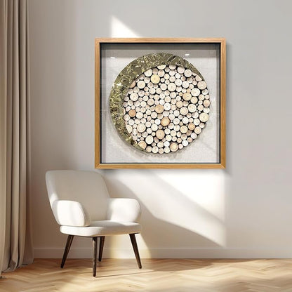 BrightA 3D Square Framed Nature Art - Gold Patina Metal Meets Circular Solid Wood Block Texture, Minimalist Contrast Wall Decor for Calming Spaces 31.5"x31.5"