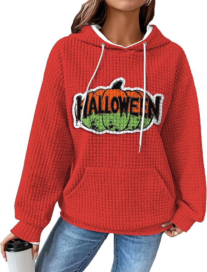 Halloween Sweatshirts for Women Novelty Graphic Drawstring Waffle Hoodies Loose Casual Pullover Tops with Pocket